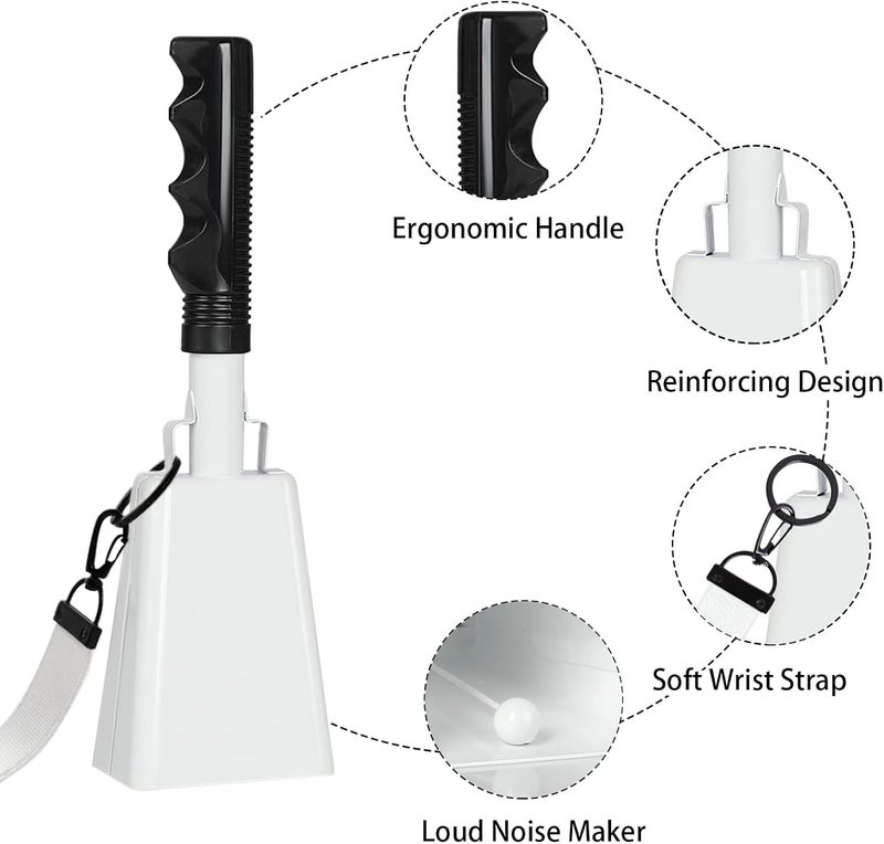 HEYLEAYAR 10Inch Cowbells Set with Handle for Sporting Events, 2Pcs Large Cow Bells with Wrist Straps, Loud Noise Makers for Football Games Spirit Marathon Weddings Party Noisemakers, White & Black - Image 3